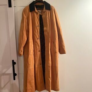 Long Tan Leather Coat with Black Collar